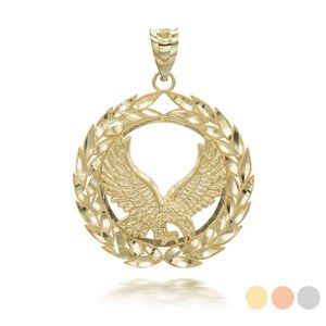 14K Solid Gold Flying Eagle Laurel Wreath Small Pendant - Yellow, Rose, …